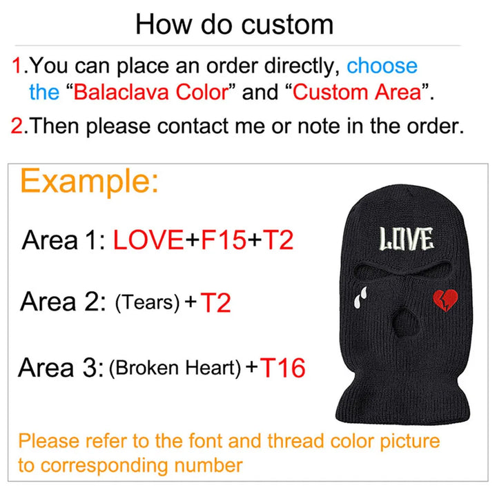 Custom Balaclava Text Logo Name Embroidery 3-Hole